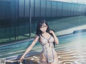 A woman in a white bathing suit standing in a pool.