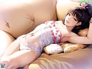 A woman laying on top of a couch next to pillows.